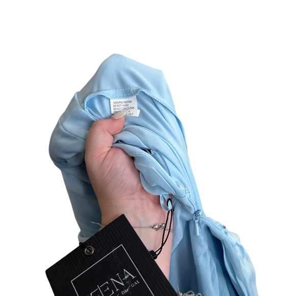 MAC DUGGAL | Powder Blue Grecian Gown Maxi Pleated Chiffon Sleeveless V Neck - Picture 4 of 6